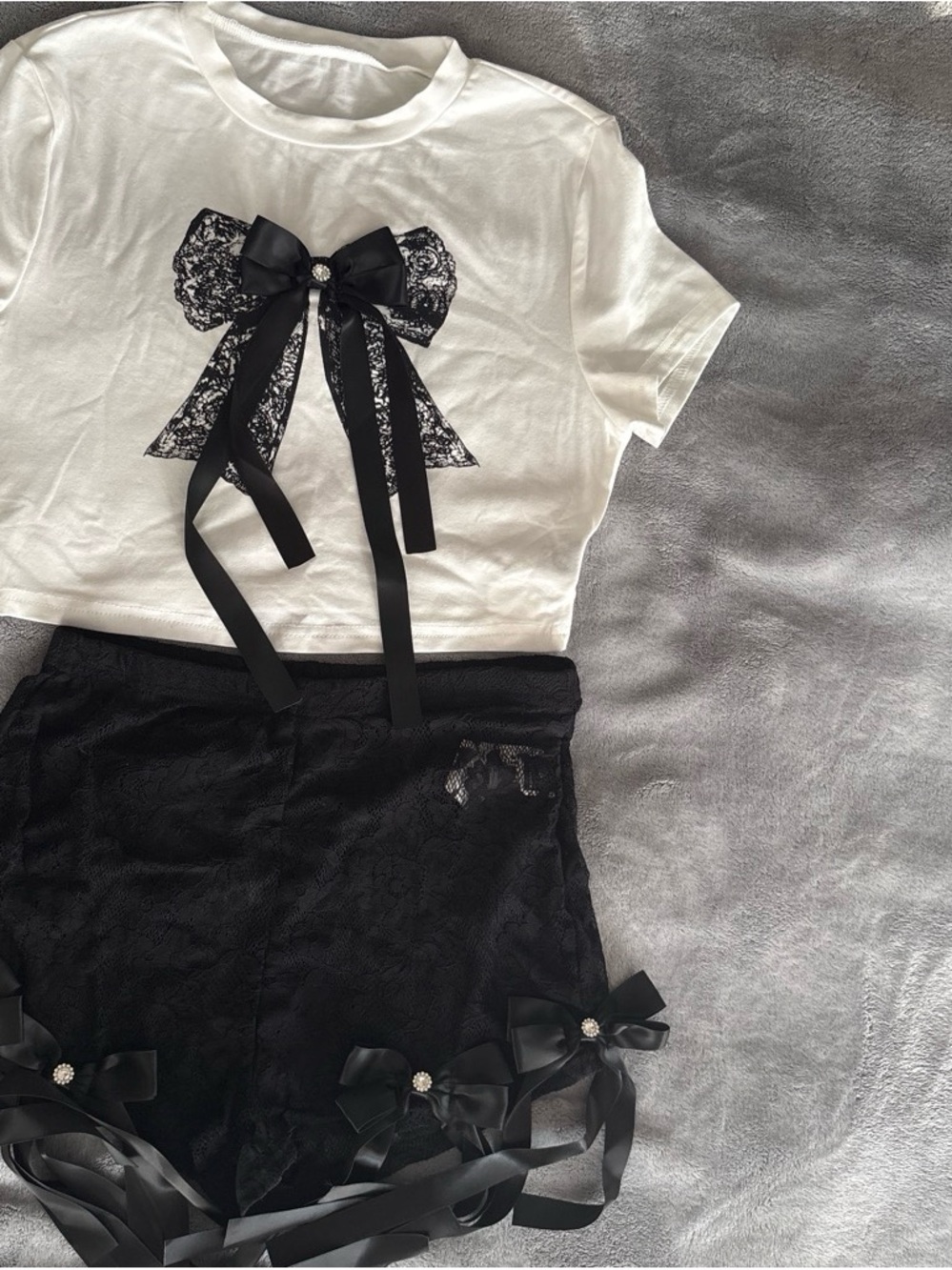 Girls White Tee with Black Lace Bow Accent
